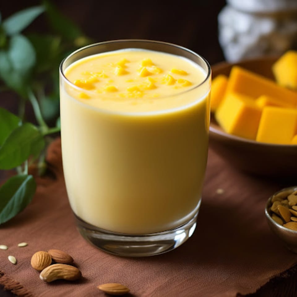 A glass of creamy yellow mango lassi with mango chunks, almonds, and mango cubes.