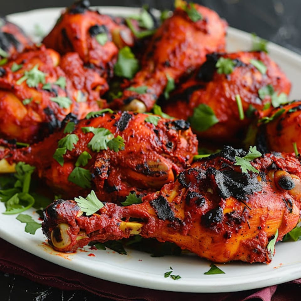 A white platter filled with vibrant red Tandoori chicken drumsticks, garnished with fresh green cilantro.